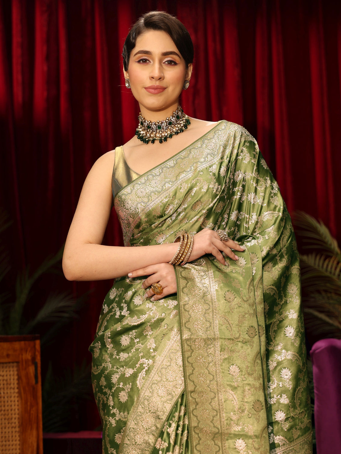 Mameraa Green Floral Woven Design Embellished Silk Blend Saree