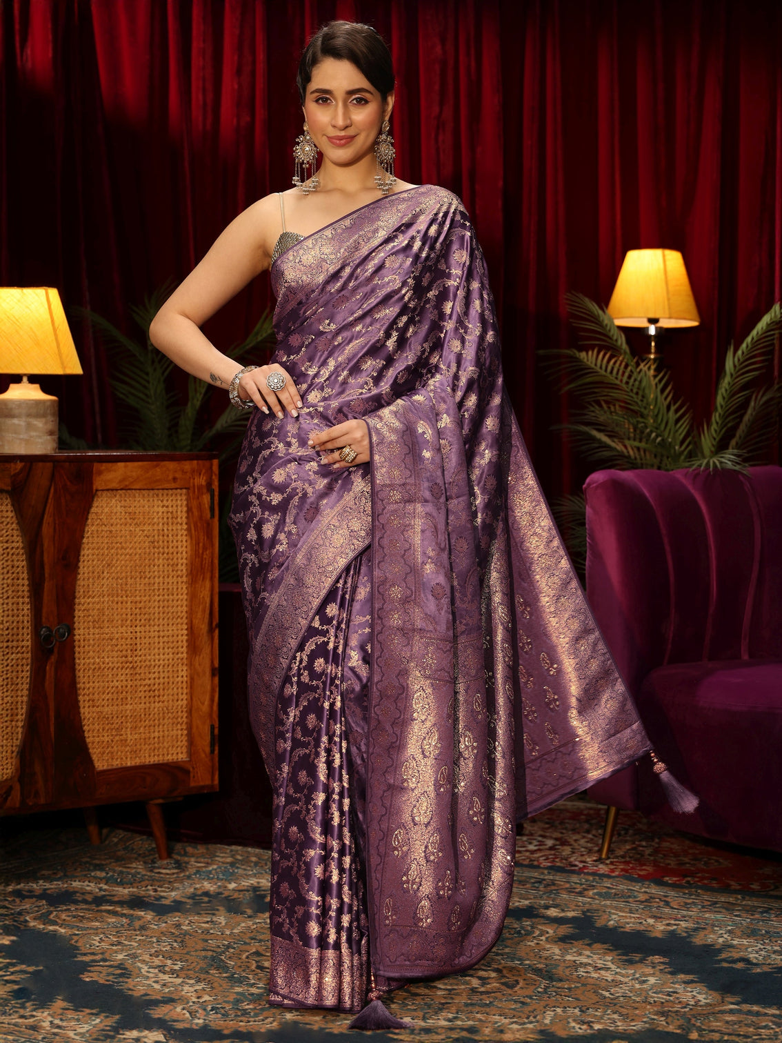 Mameraa Purple Floral Woven Design Embellished Silk Blend Saree