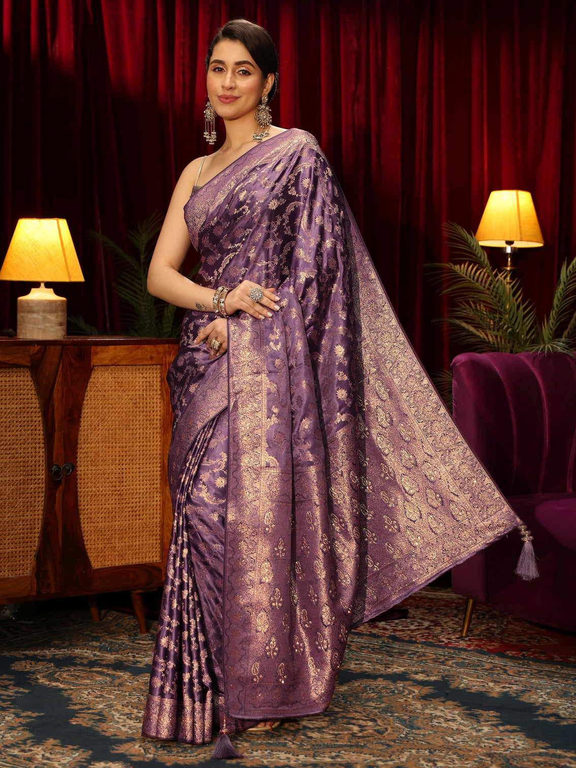 Mameraa Purple Floral Woven Design Embellished Silk Blend Saree