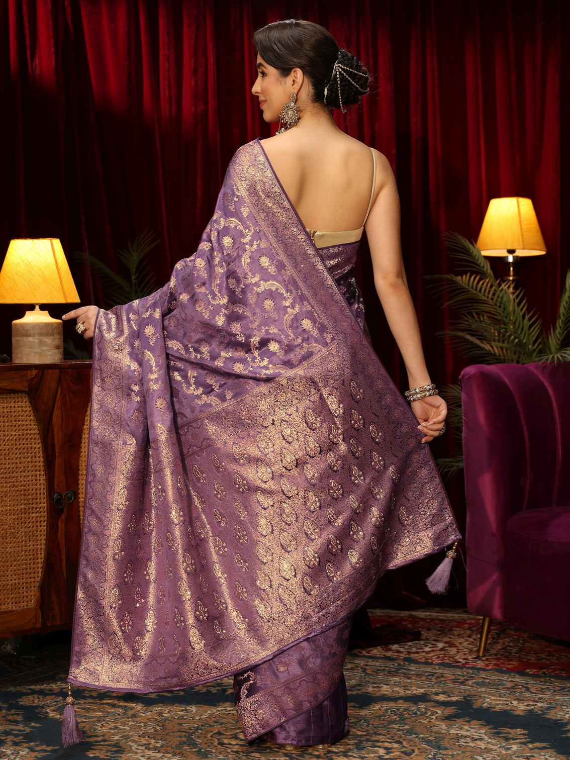 Mameraa Purple Floral Woven Design Embellished Silk Blend Saree