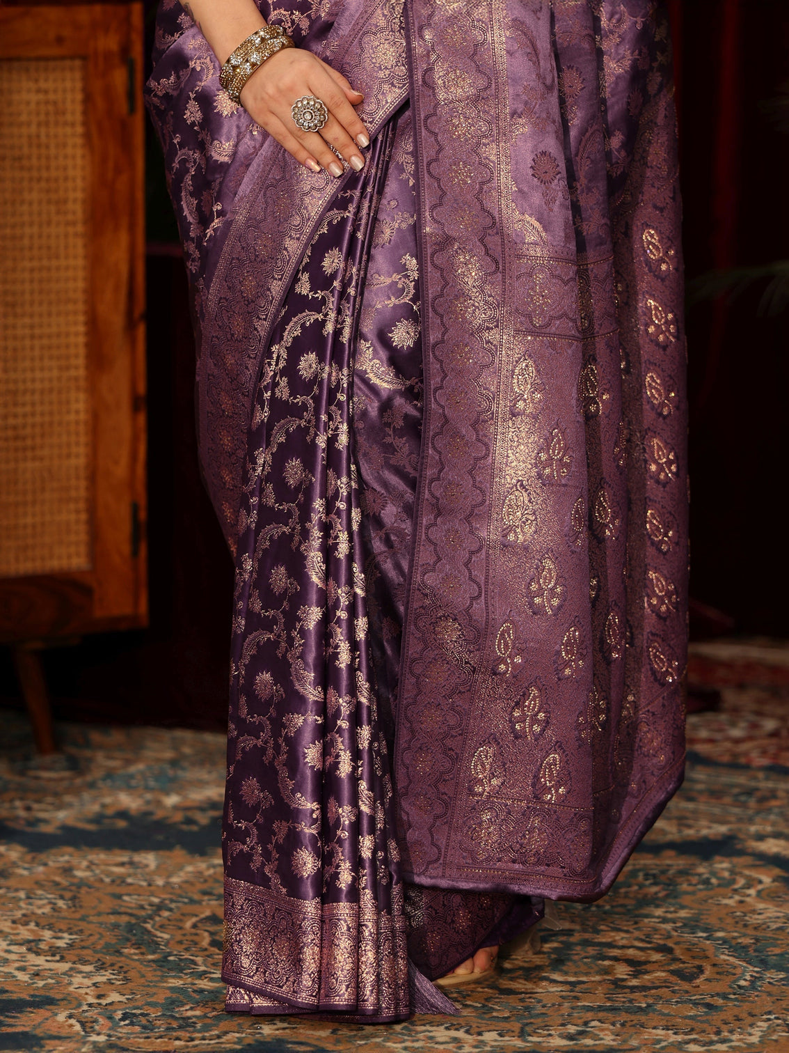 Mameraa Purple Floral Woven Design Embellished Silk Blend Saree