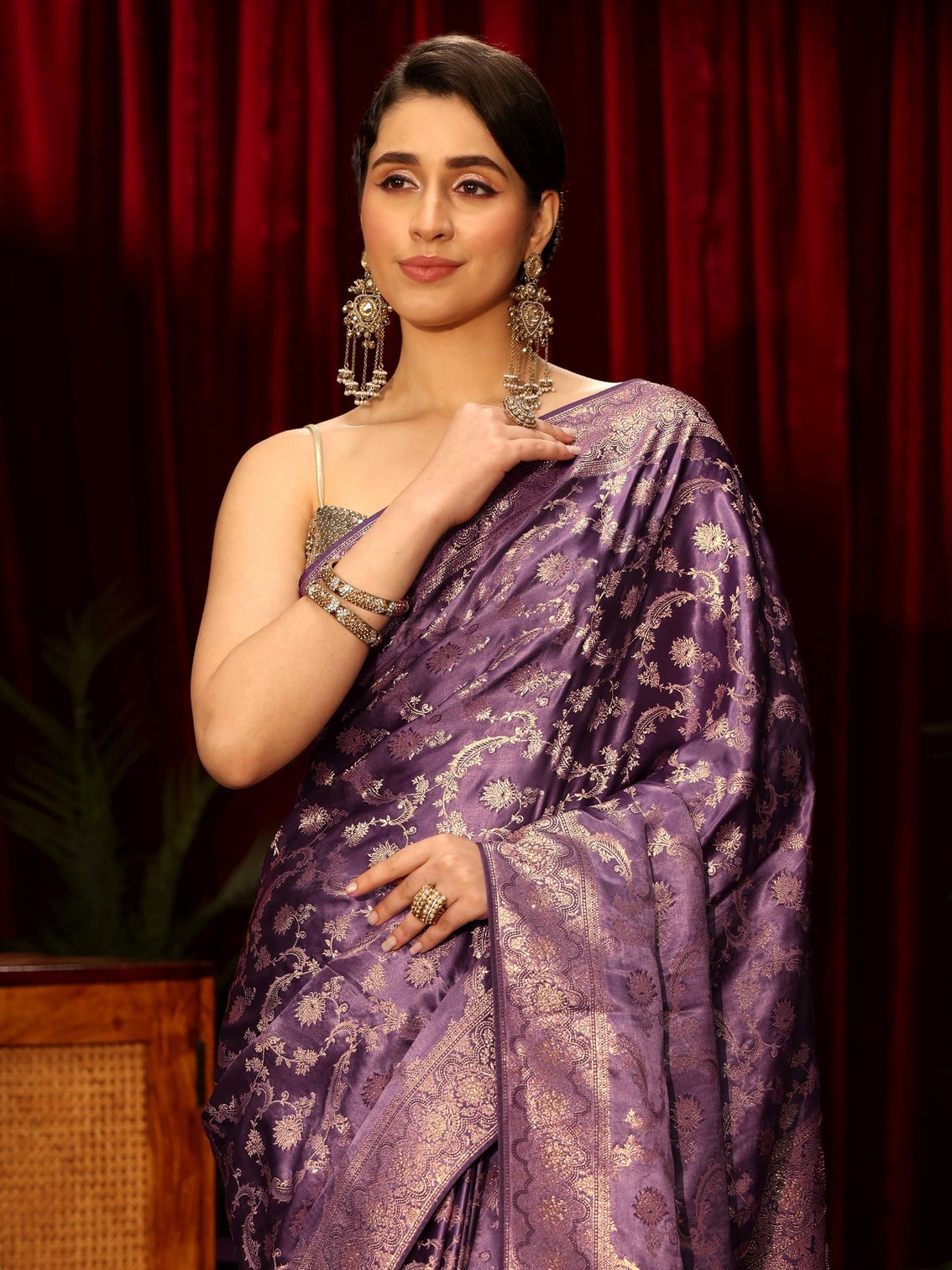 Mameraa Purple Floral Woven Design Embellished Silk Blend Saree