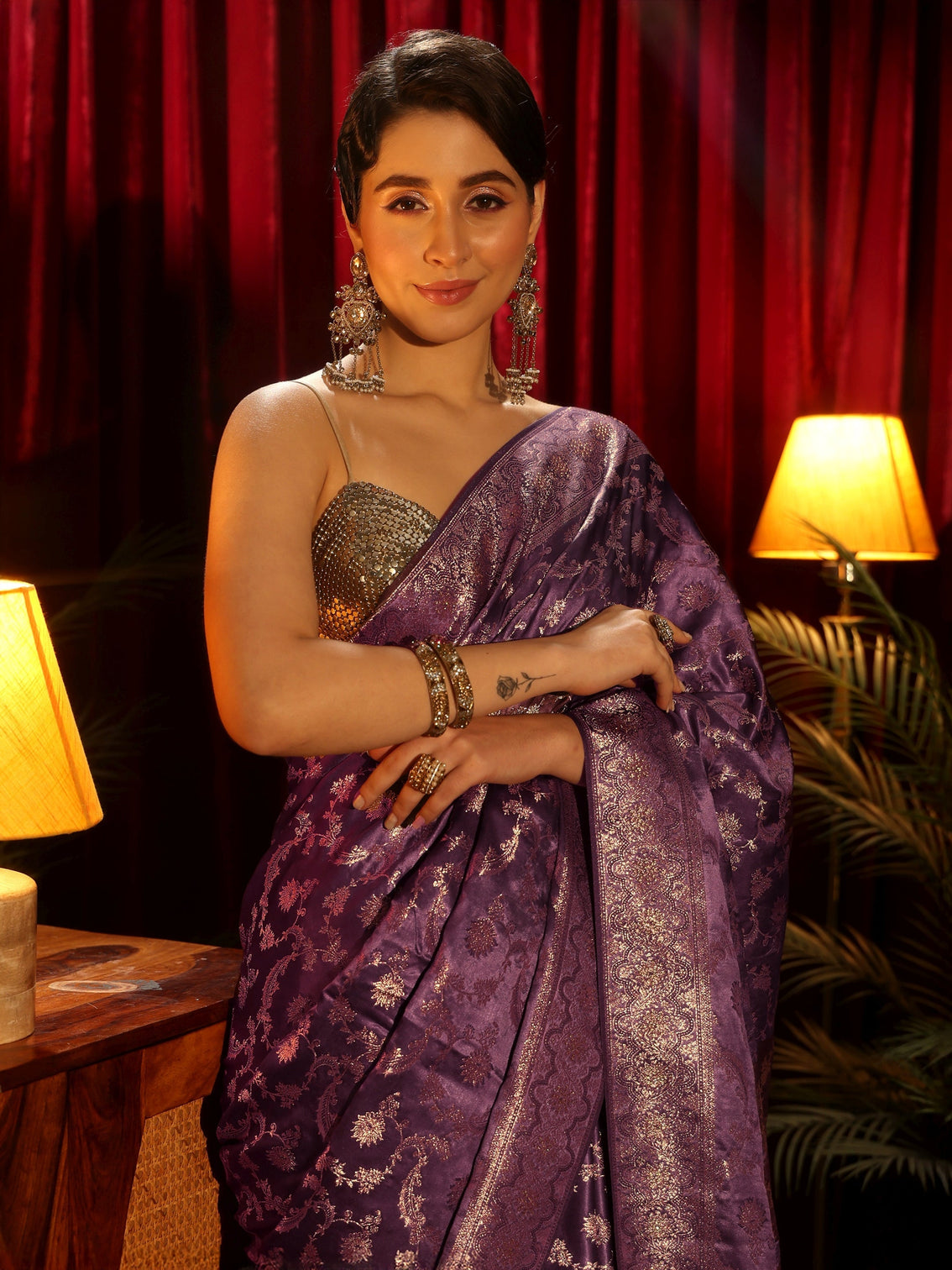 Mameraa Purple Floral Woven Design Embellished Silk Blend Saree