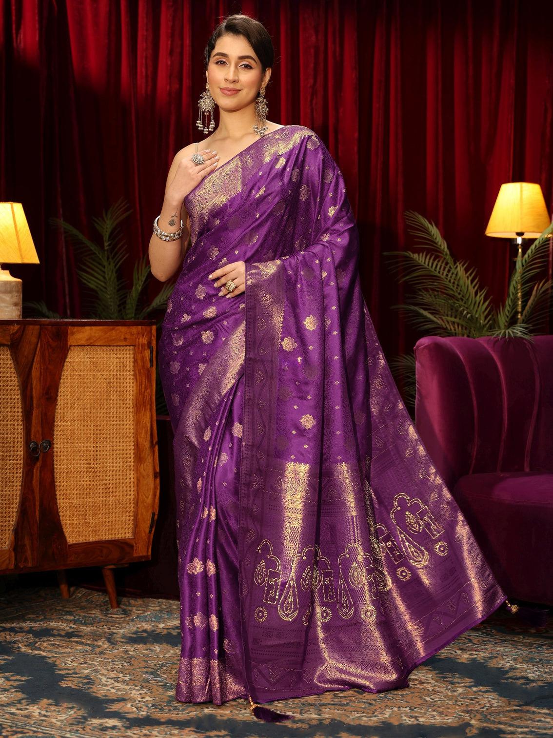 Mameraa Royal Purple Floral Woven Design Embellished Silk Blend Saree
