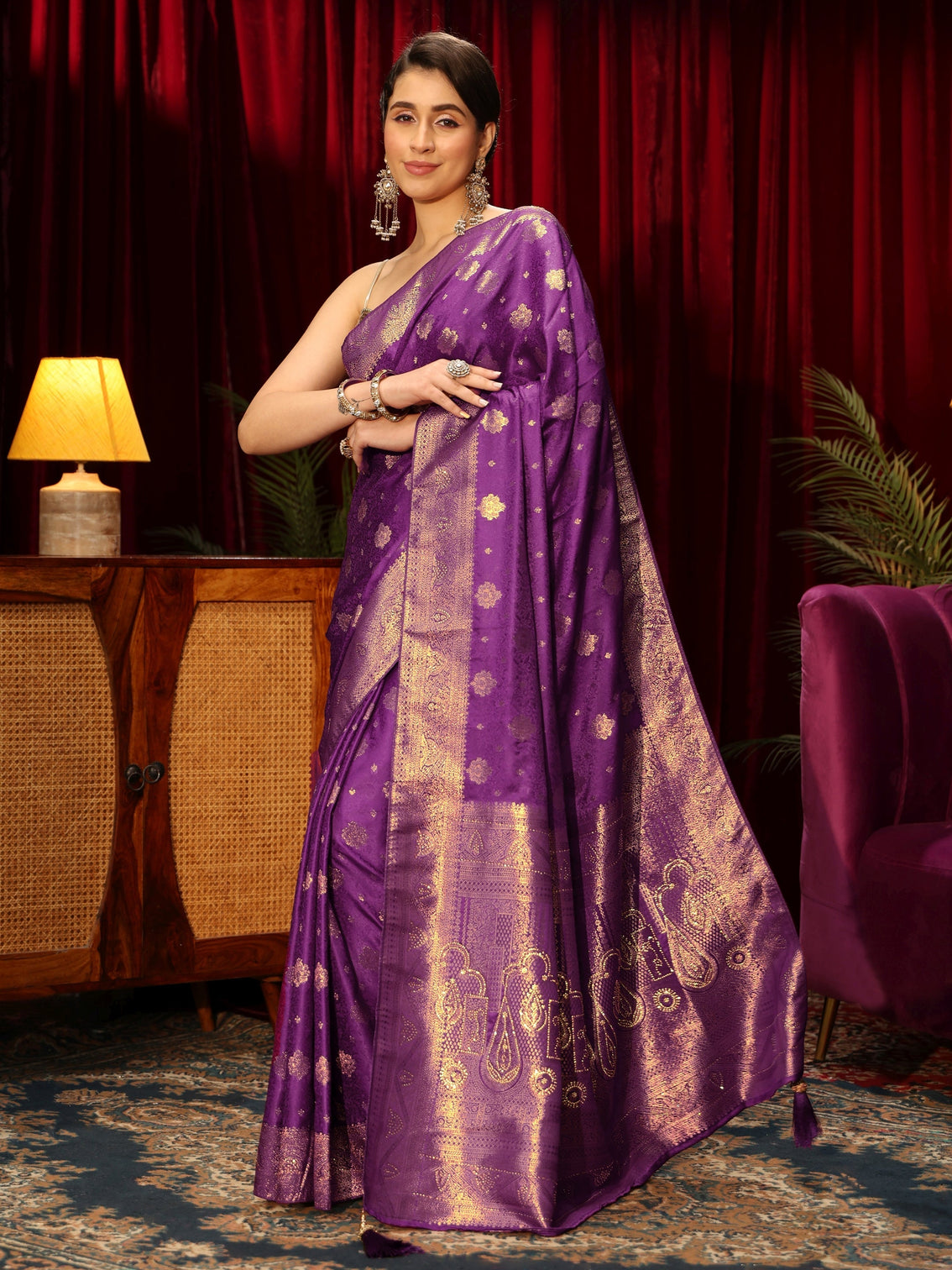Mameraa Royal Purple Floral Woven Design Embellished Silk Blend Saree