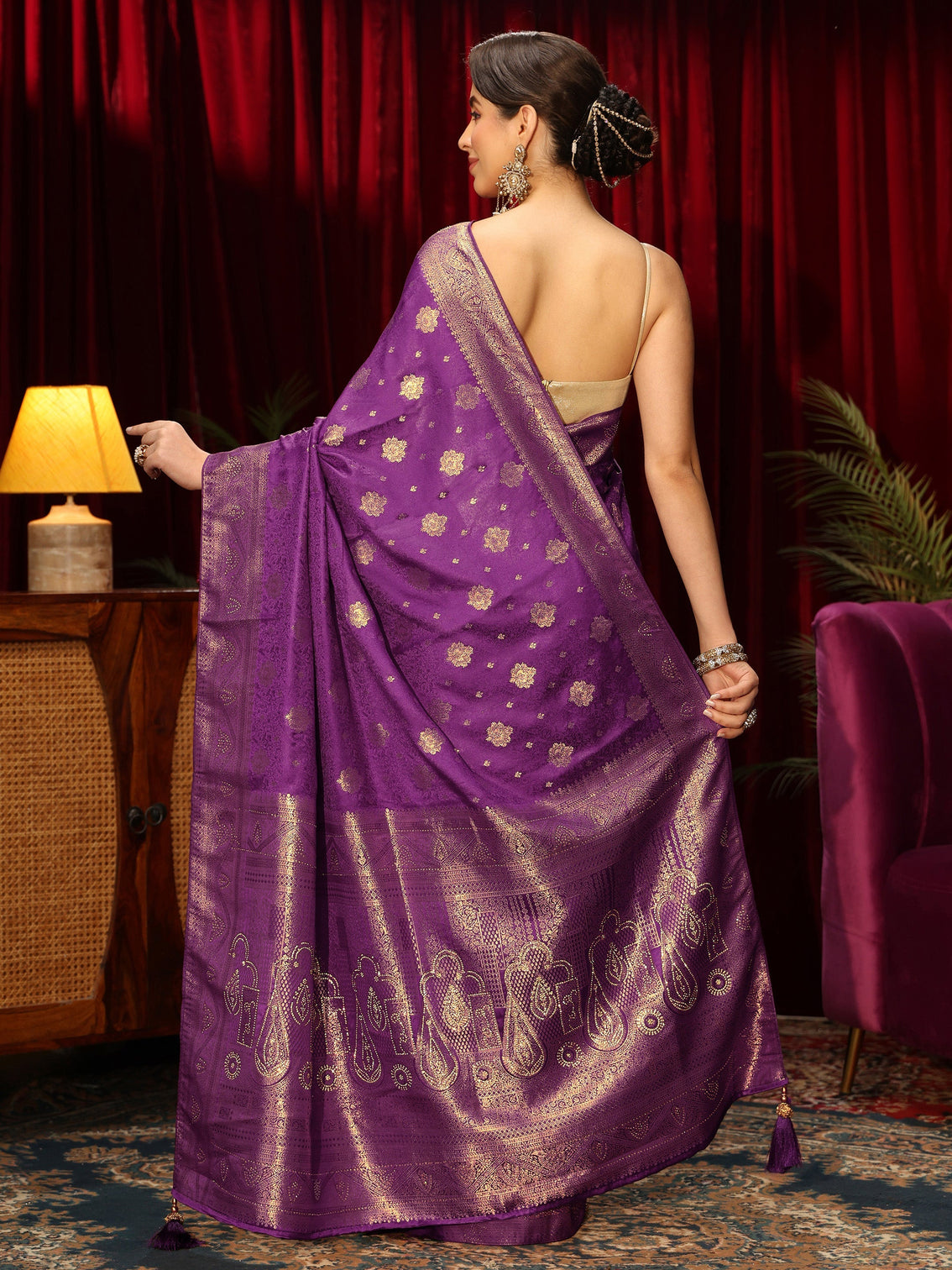 Mameraa Royal Purple Floral Woven Design Embellished Silk Blend Saree