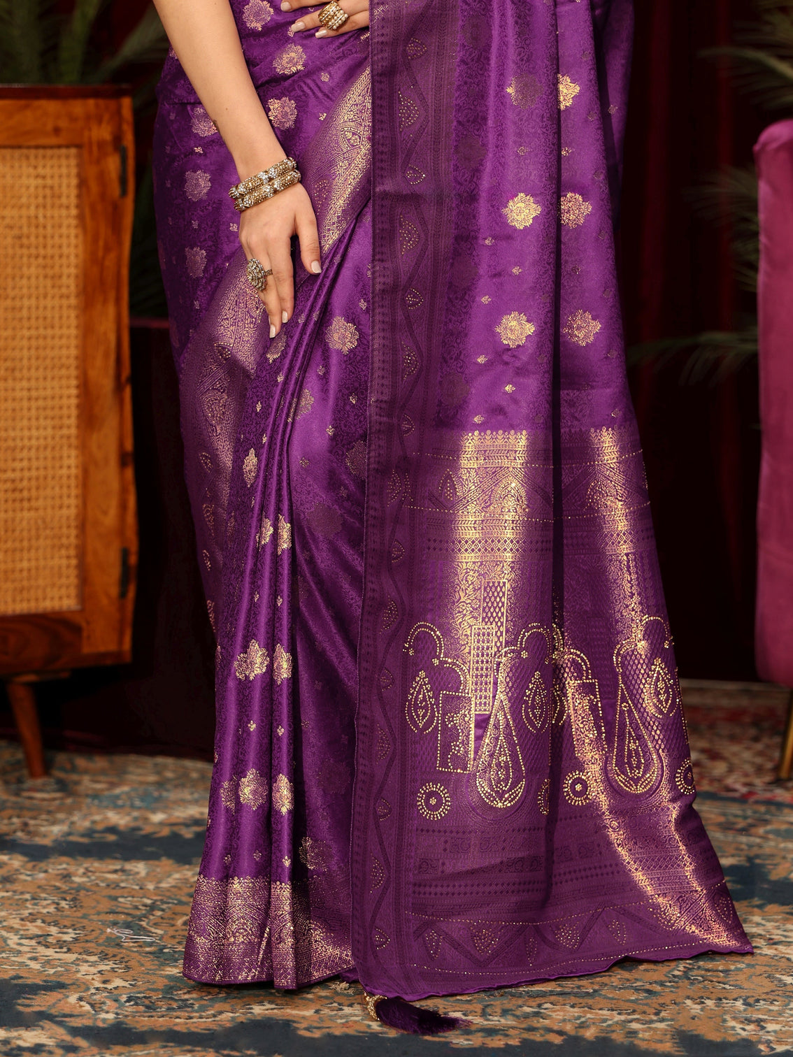 Mameraa Royal Purple Floral Woven Design Embellished Silk Blend Saree