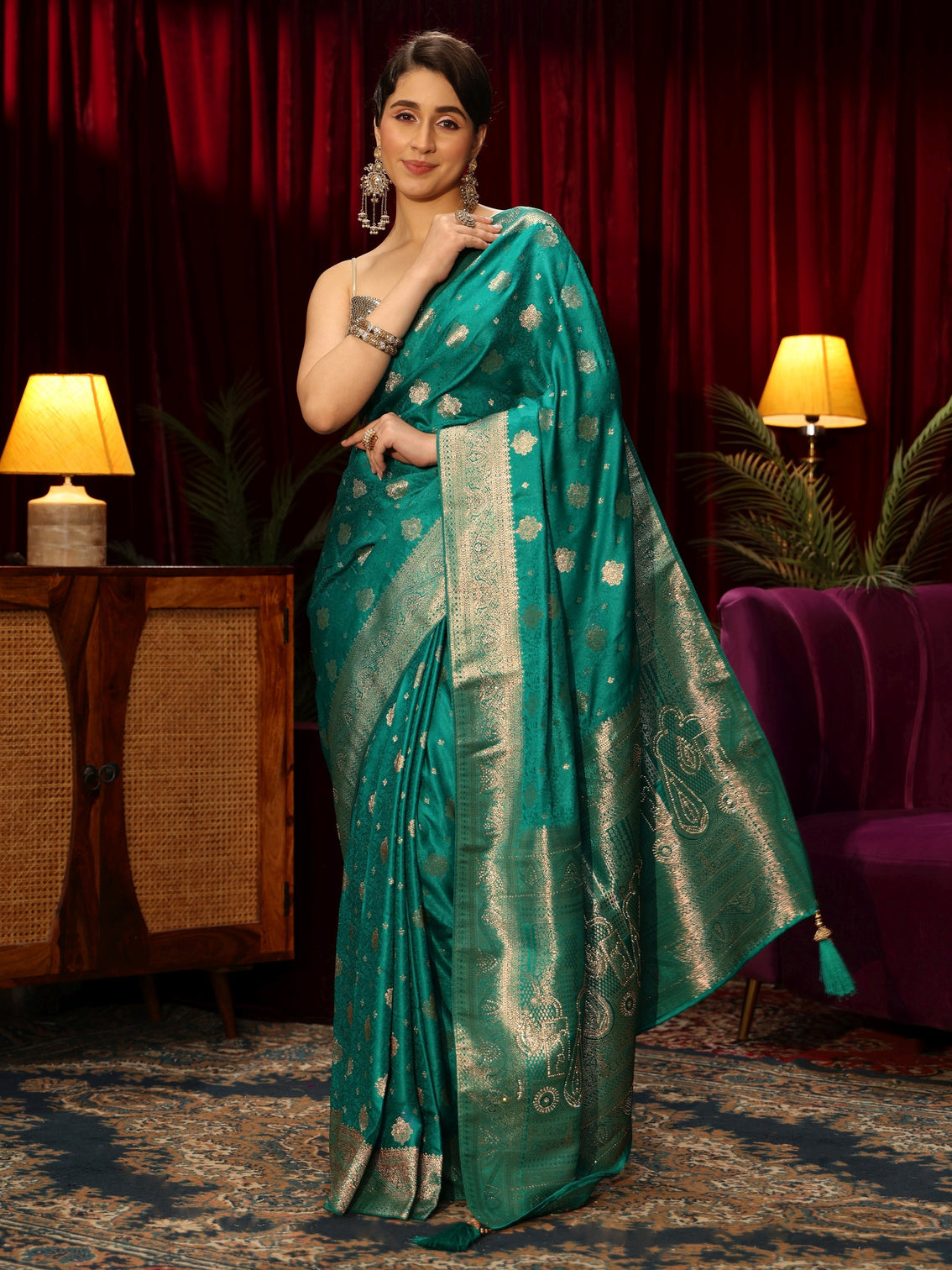 Mameraa Teal Green Floral Woven Design Embellished Silk Blend Saree