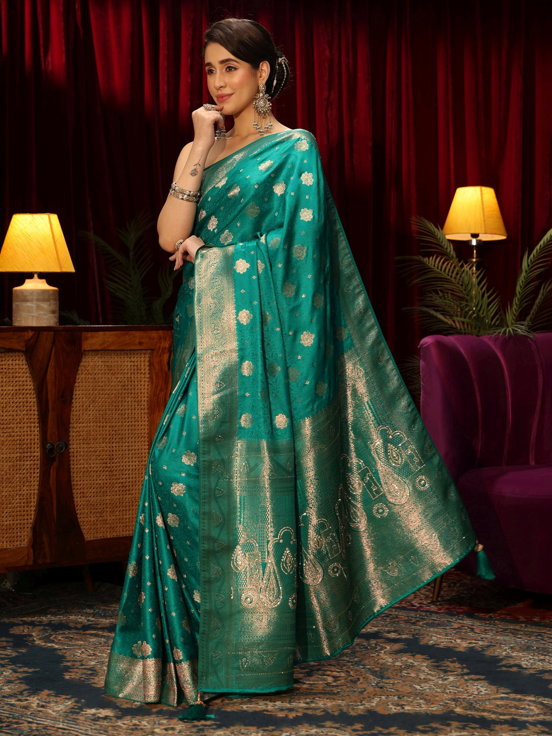 Mameraa Teal Green Floral Woven Design Embellished Silk Blend Saree