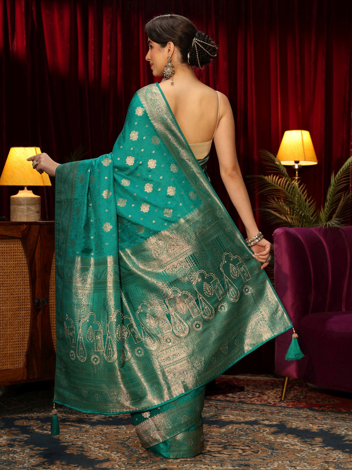 Mameraa Teal Green Floral Woven Design Embellished Silk Blend Saree