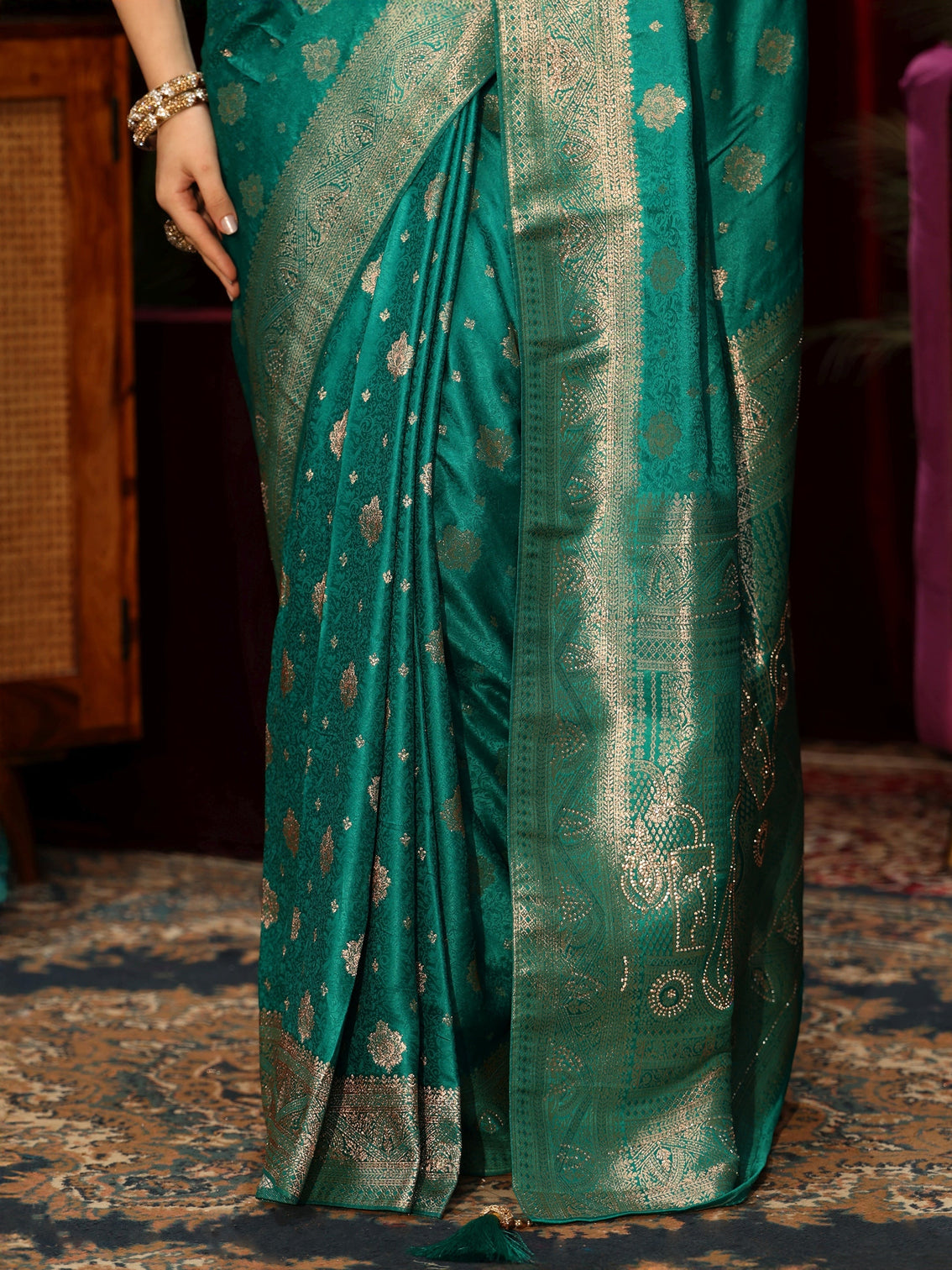 Mameraa Teal Green Floral Woven Design Embellished Silk Blend Saree