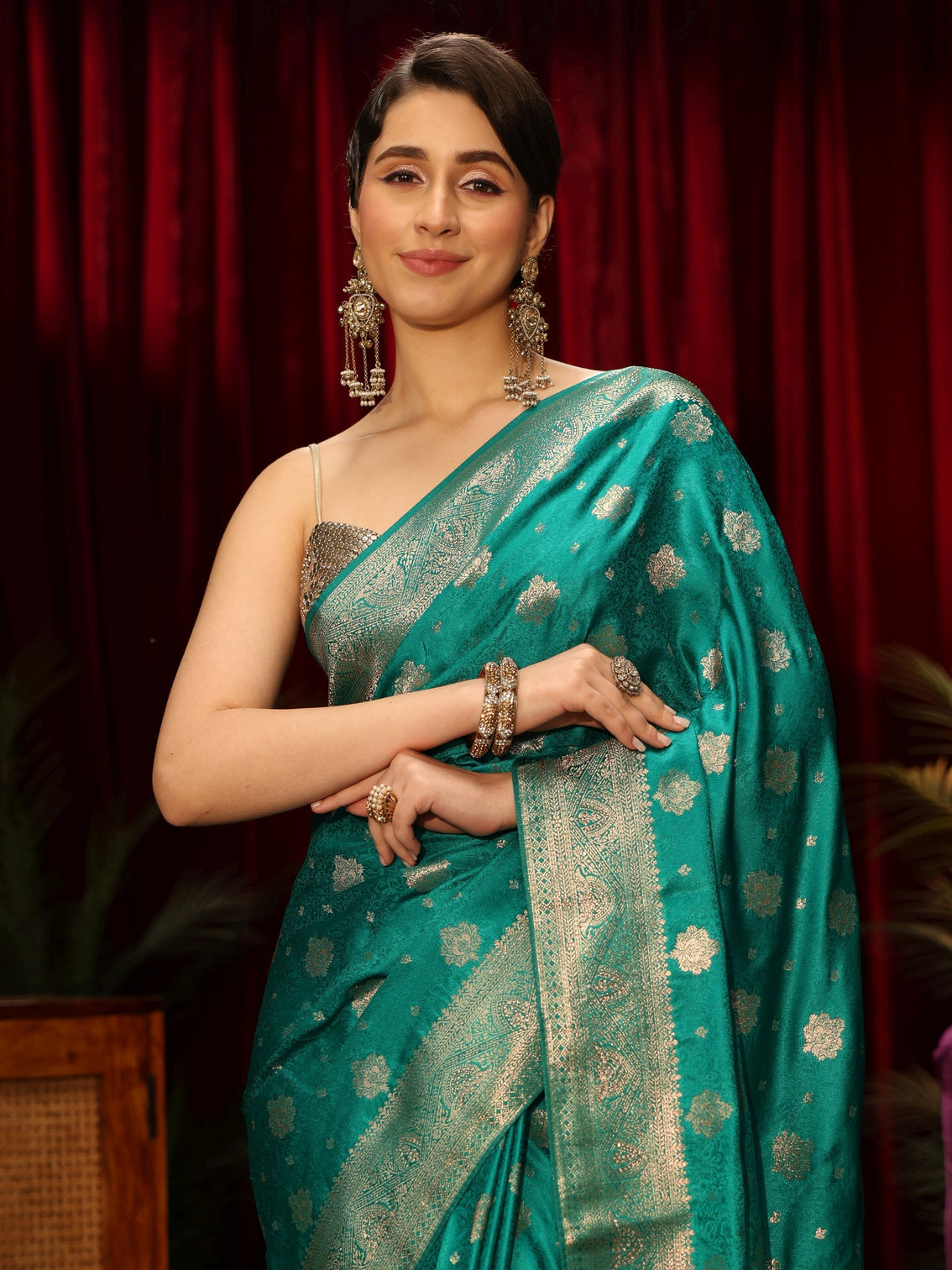 Mameraa Teal Green Floral Woven Design Embellished Silk Blend Saree
