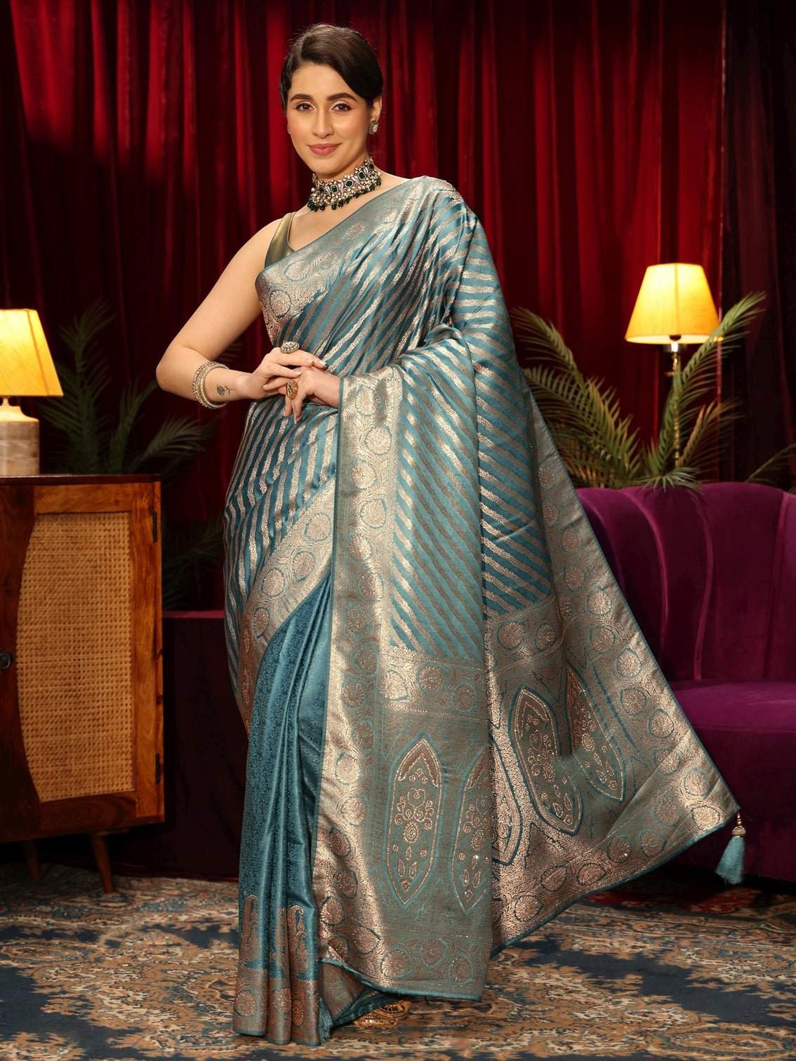 Mameraa Light Blue Striped Woven Design Embellished Silk Blend Saree