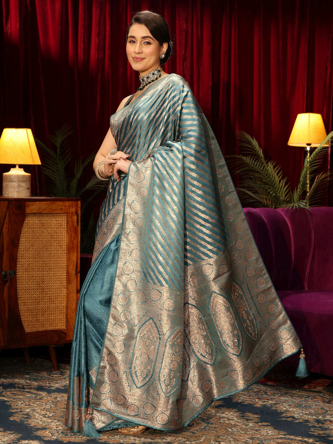 Mameraa Light Blue Striped Woven Design Embellished Silk Blend Saree