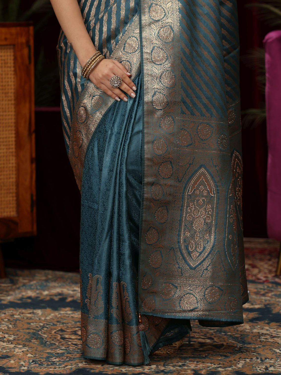 Mameraa Light Blue Striped Woven Design Embellished Silk Blend Saree