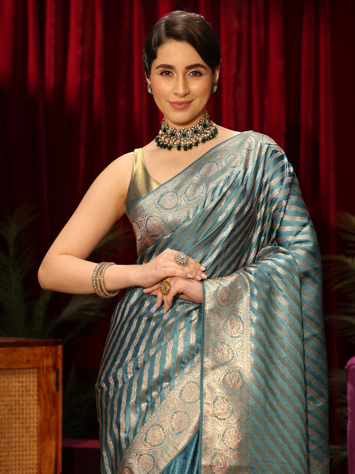 Mameraa Light Blue Striped Woven Design Embellished Silk Blend Saree