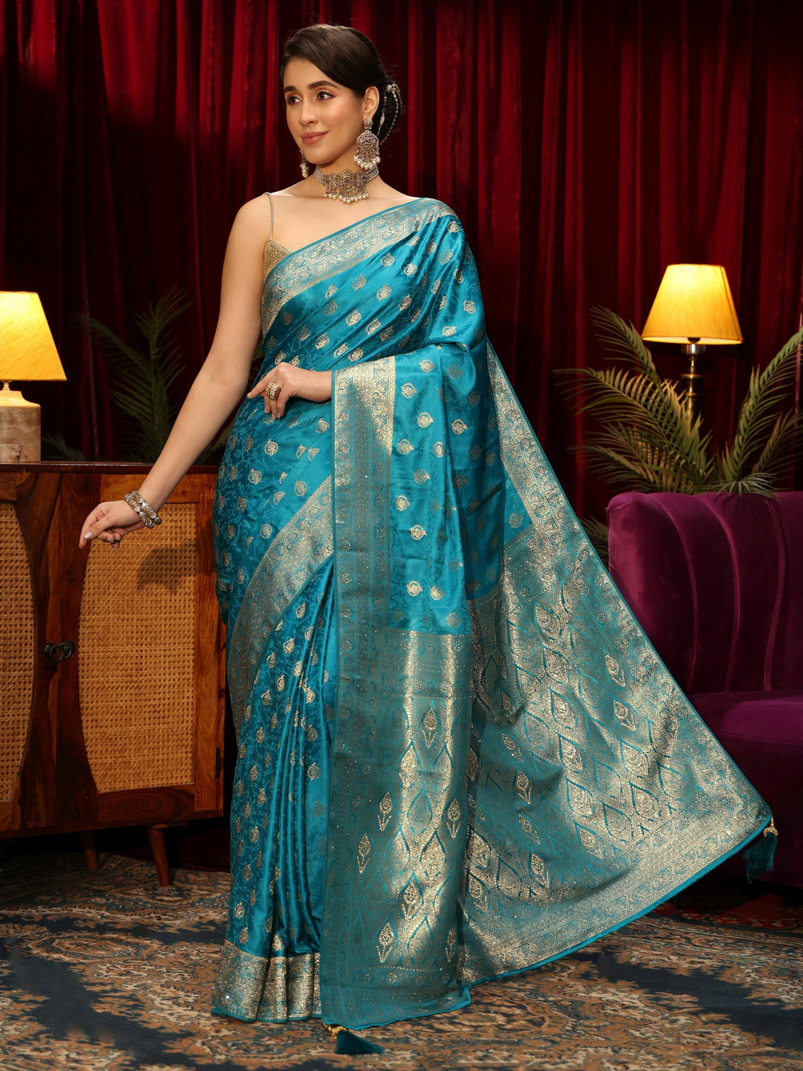 Mameraa Cerulean Blue Floral Woven Design Silk Blend Saree