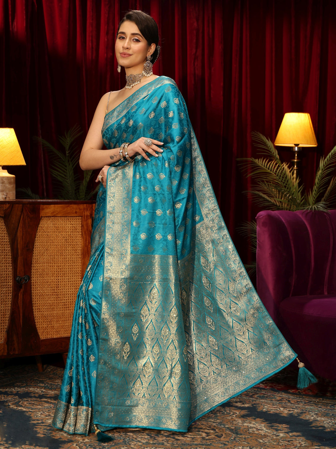 Mameraa Cerulean Blue Floral Woven Design Silk Blend Saree