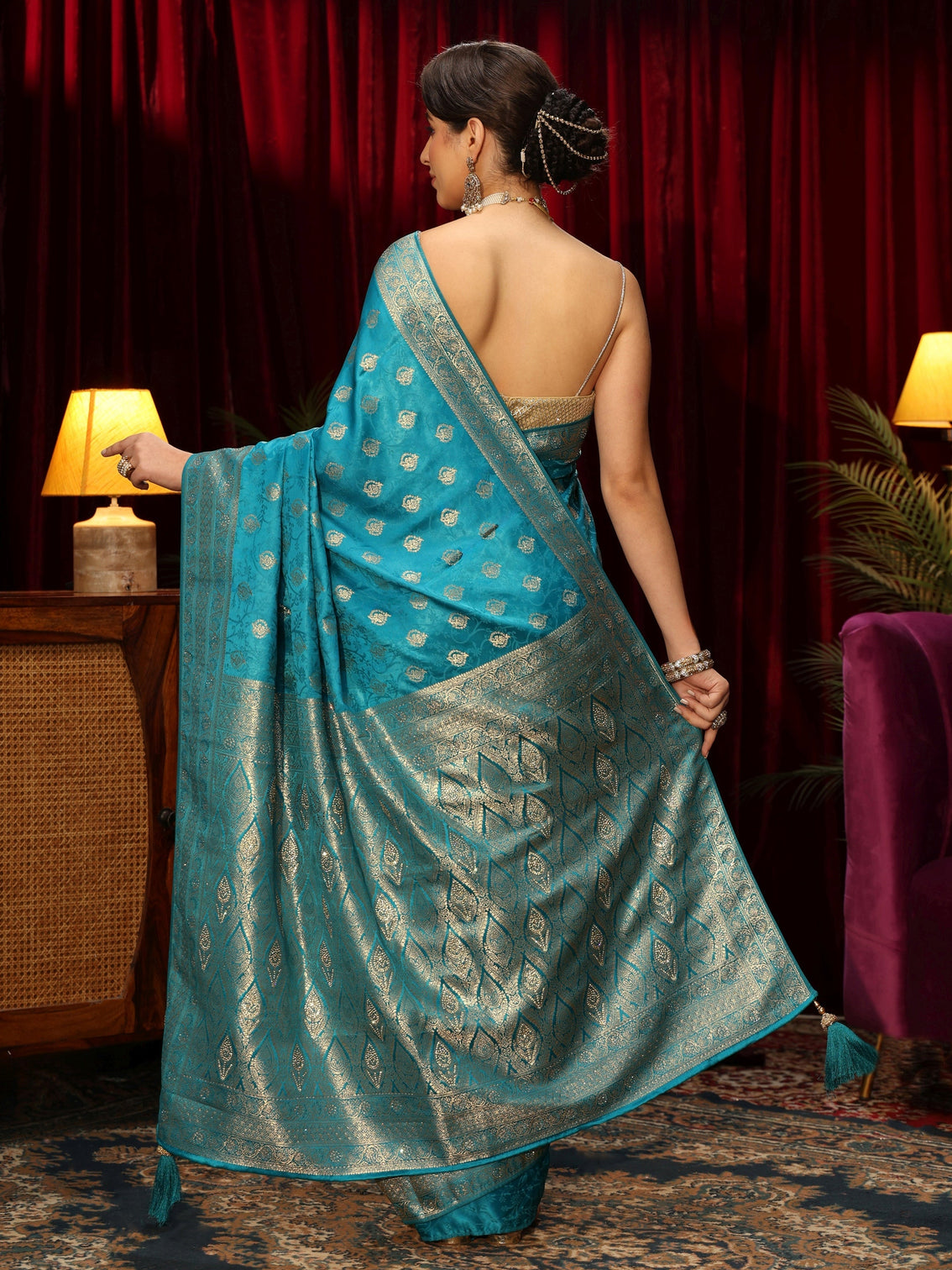 Mameraa Cerulean Blue Floral Woven Design Silk Blend Saree