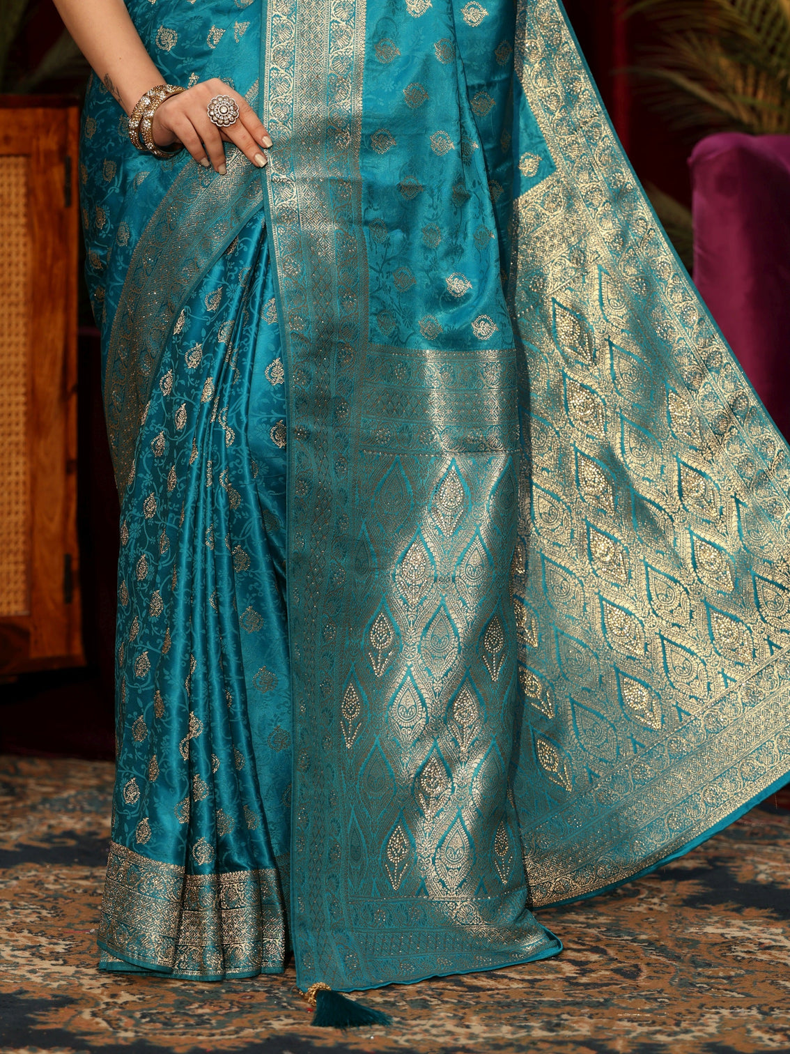 Mameraa Cerulean Blue Floral Woven Design Silk Blend Saree