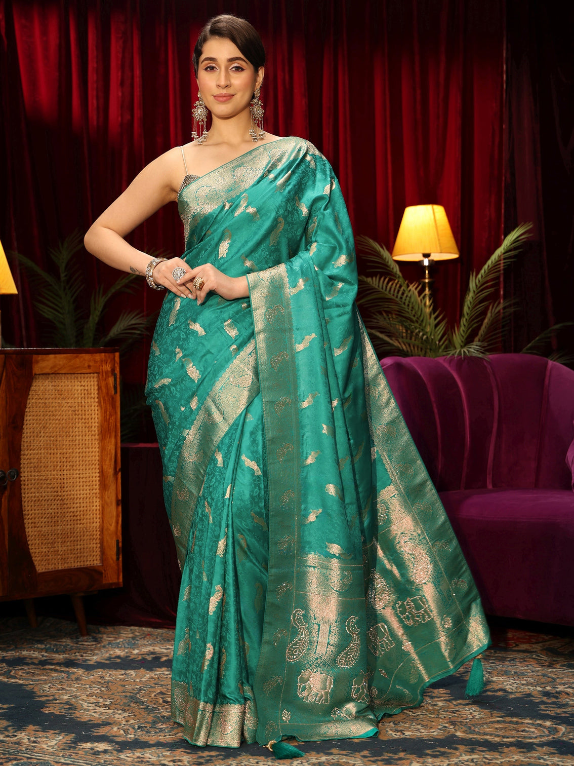 Mameraa Sea Green Peacock Woven Design Embellished Silk Blend Saree