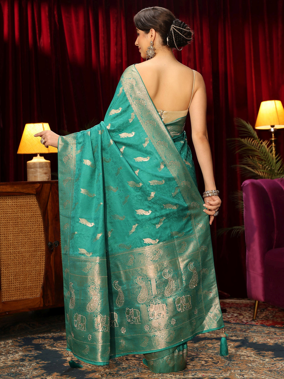 Mameraa Sea Green Peacock Woven Design Embellished Silk Blend Saree