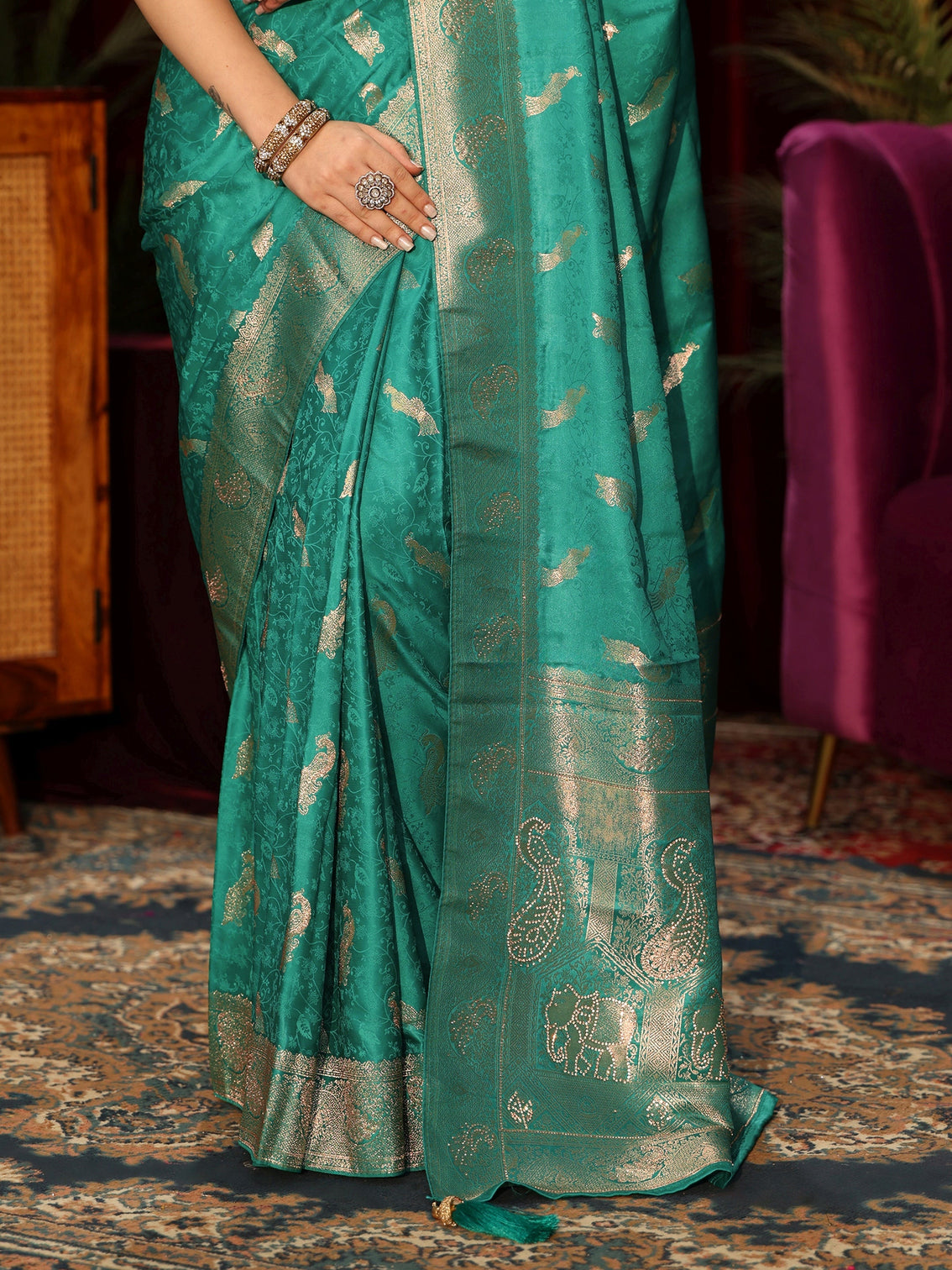 Mameraa Sea Green Peacock Woven Design Embellished Silk Blend Saree