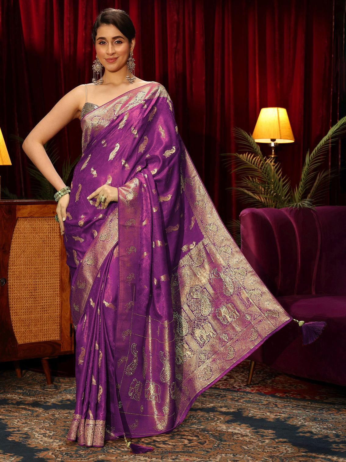 Mameraa Purple Peacock Woven Design Embellished Silk Blend Saree