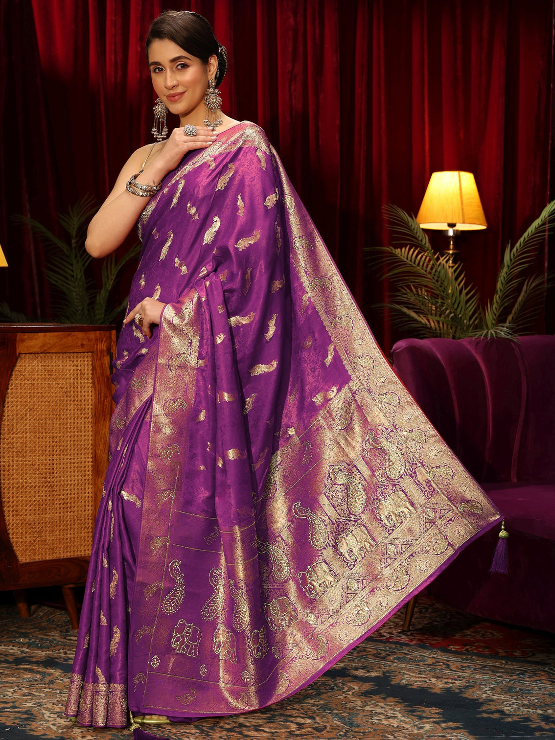 Mameraa Purple Peacock Woven Design Embellished Silk Blend Saree