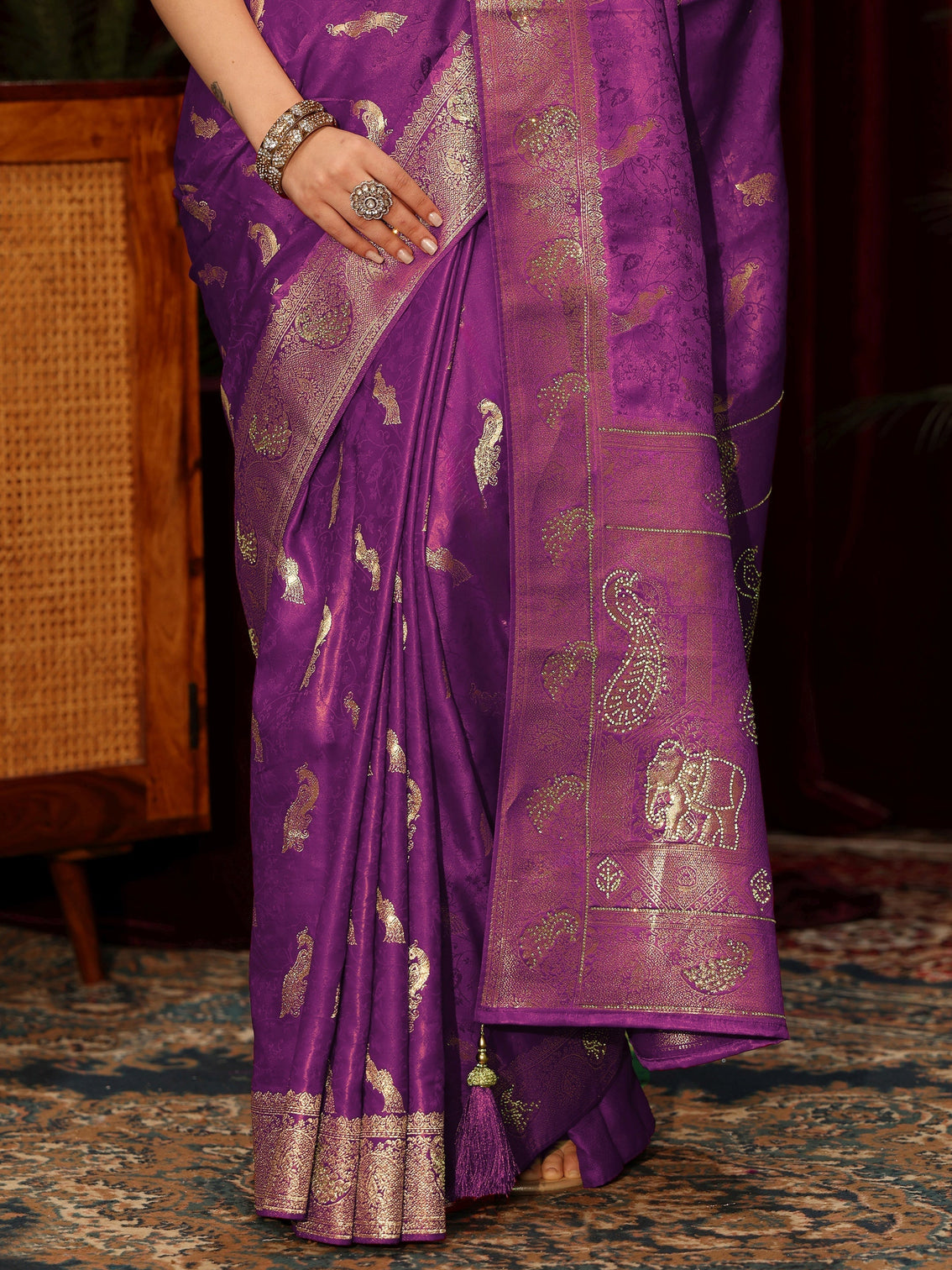 Mameraa Purple Peacock Woven Design Embellished Silk Blend Saree