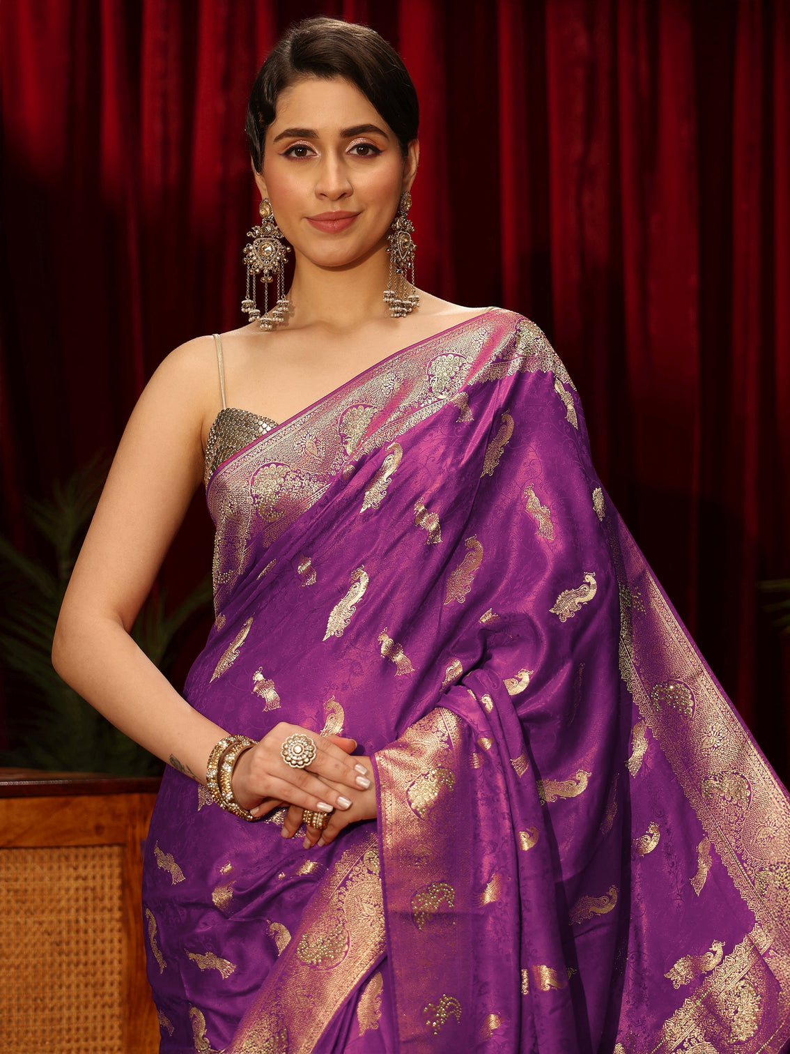 Mameraa Purple Peacock Woven Design Embellished Silk Blend Saree