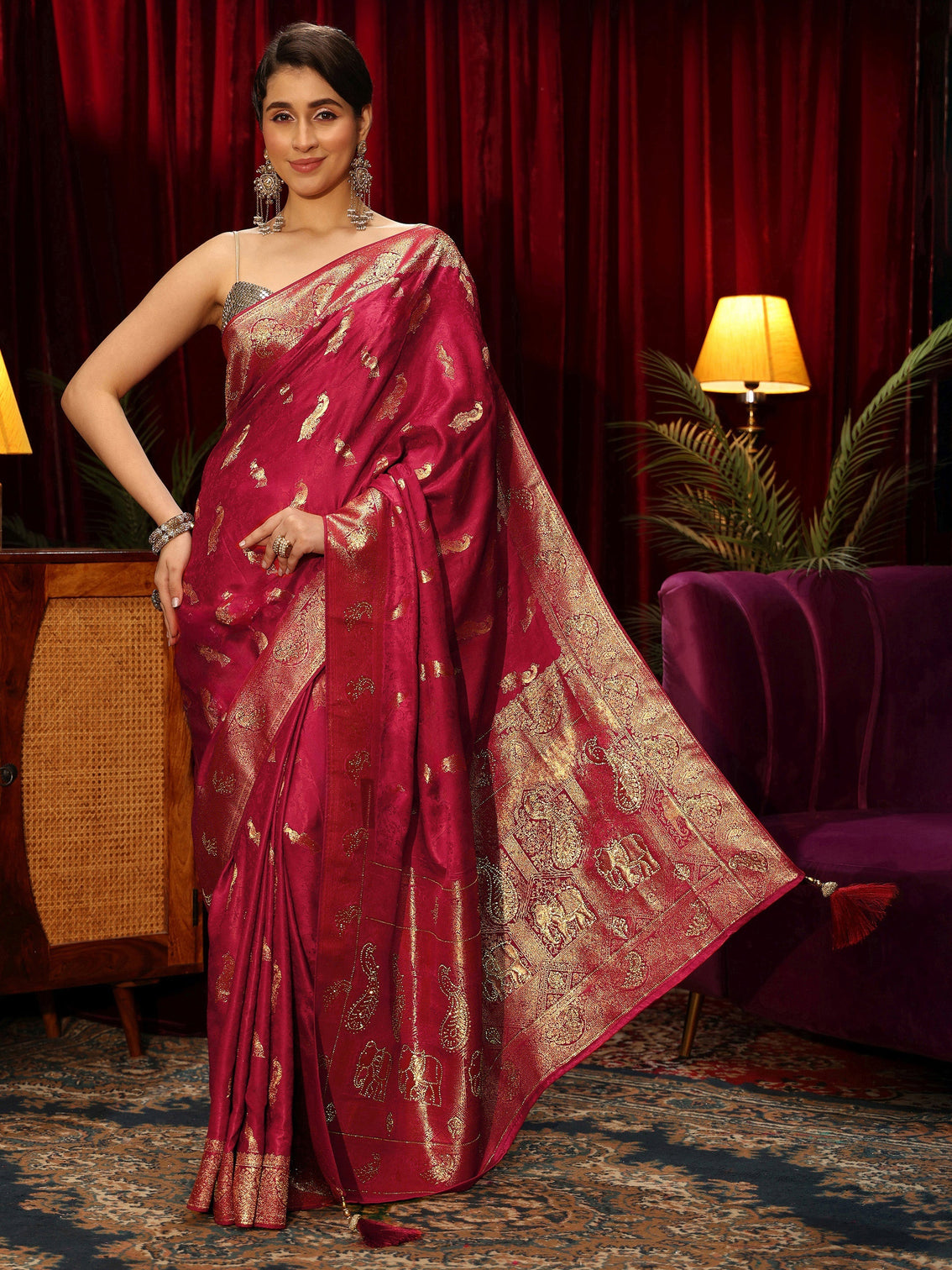 Mameraa Red Peacock Woven Design Embellished Silk Blend Saree