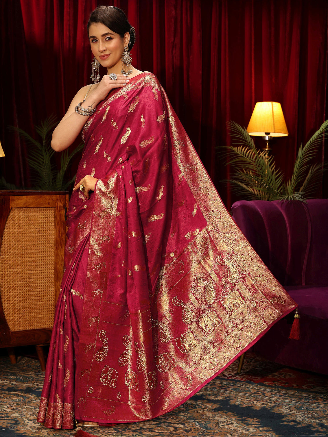 Mameraa Red Peacock Woven Design Embellished Silk Blend Saree