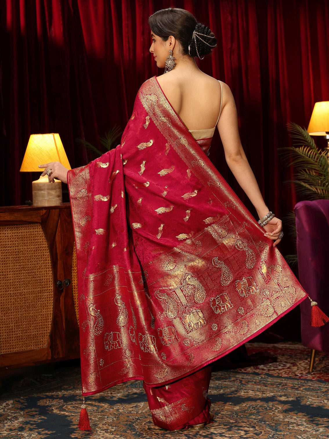 Mameraa Red Peacock Woven Design Embellished Silk Blend Saree