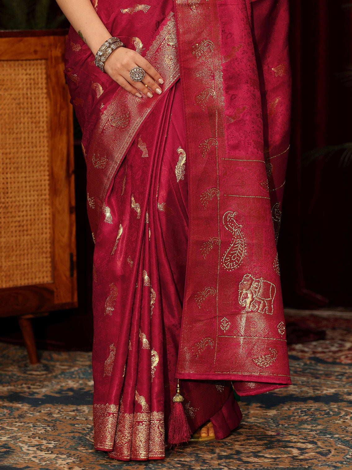 Mameraa Red Peacock Woven Design Embellished Silk Blend Saree