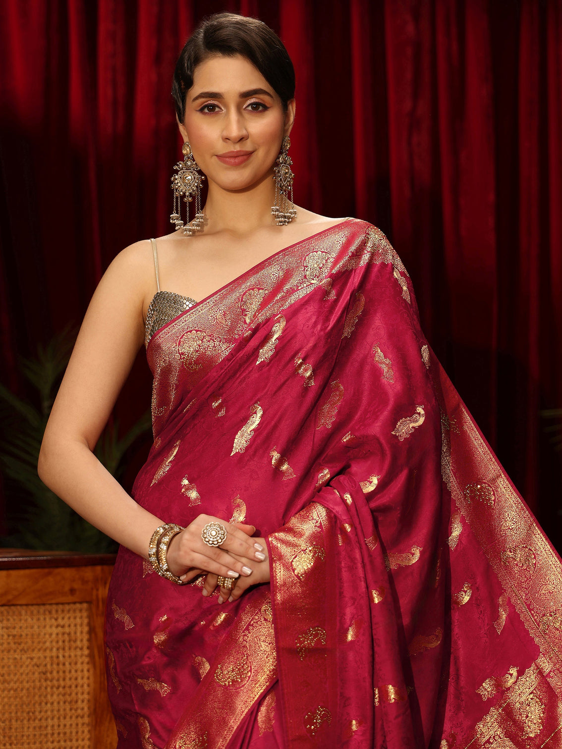 Mameraa Red Peacock Woven Design Embellished Silk Blend Saree