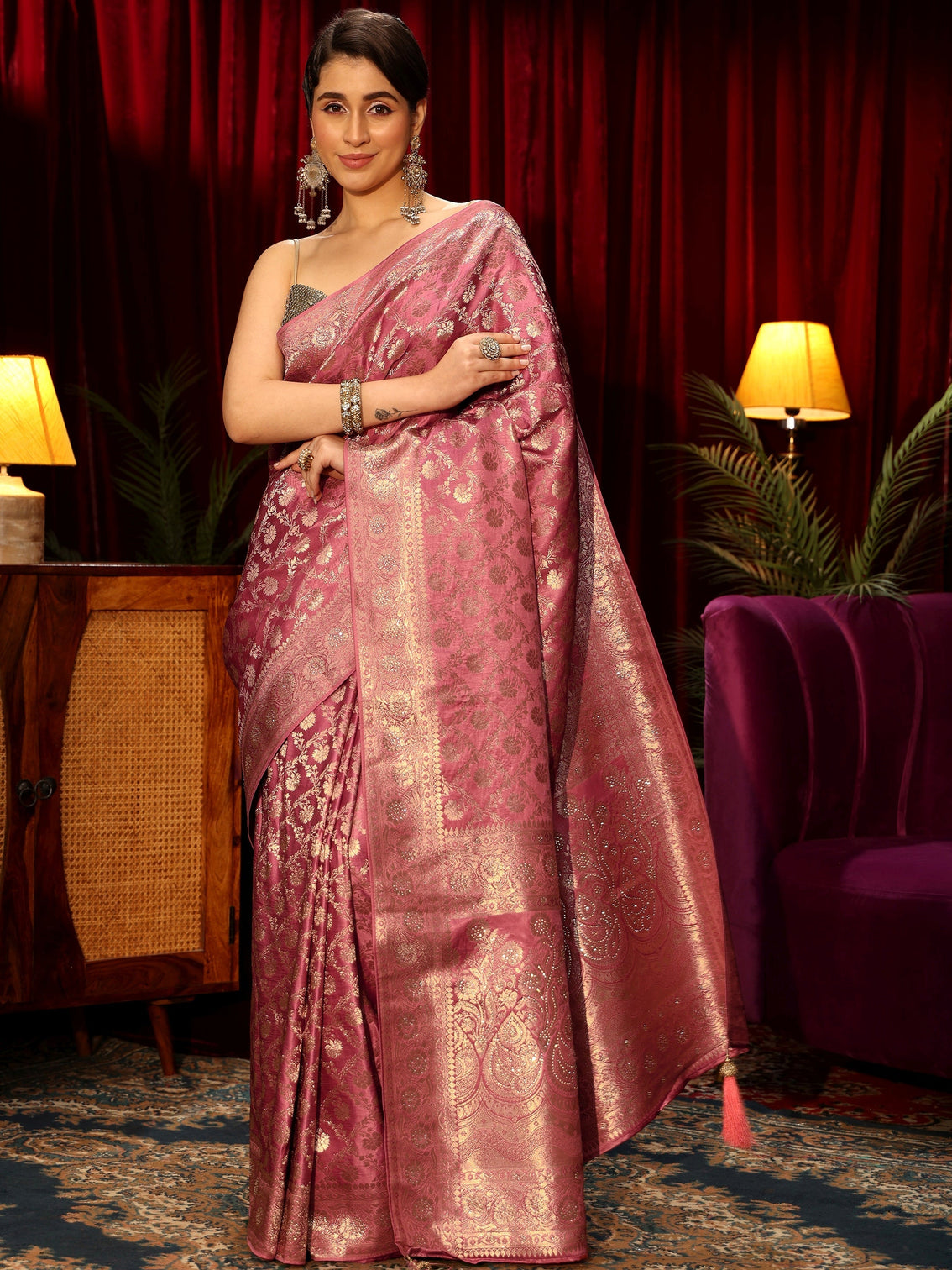 Mameraa Peach Pink Embellished Floral Designs Brocade Saree