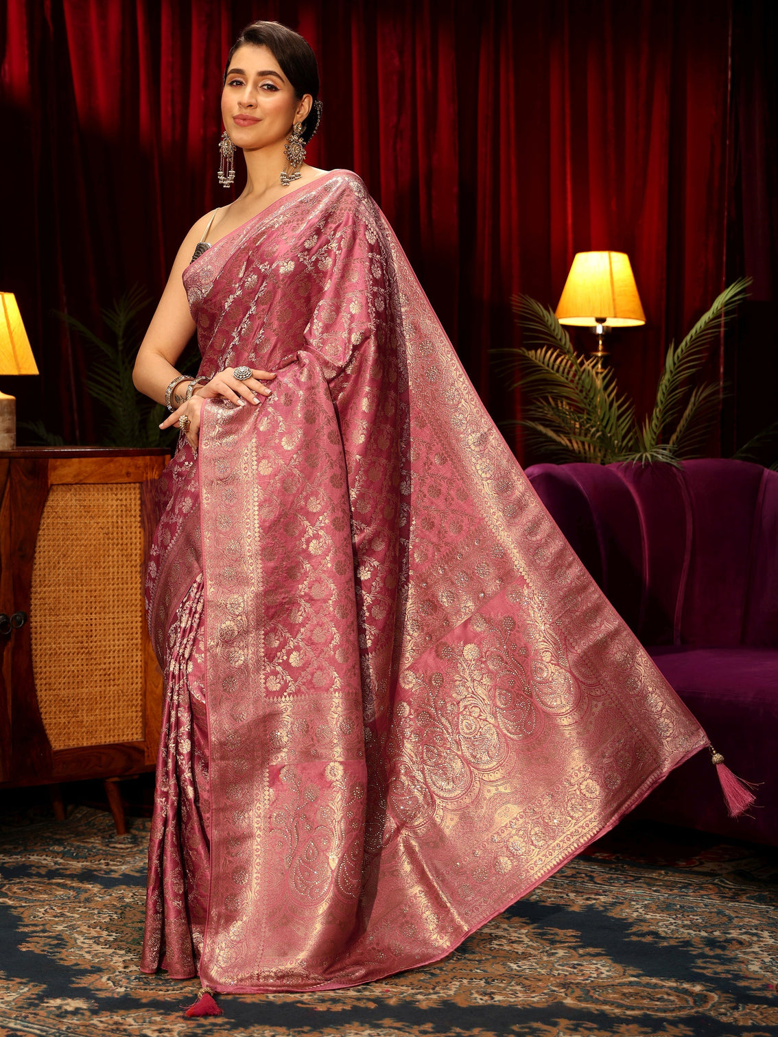 Mameraa Peach Pink Embellished Floral Designs Brocade Saree
