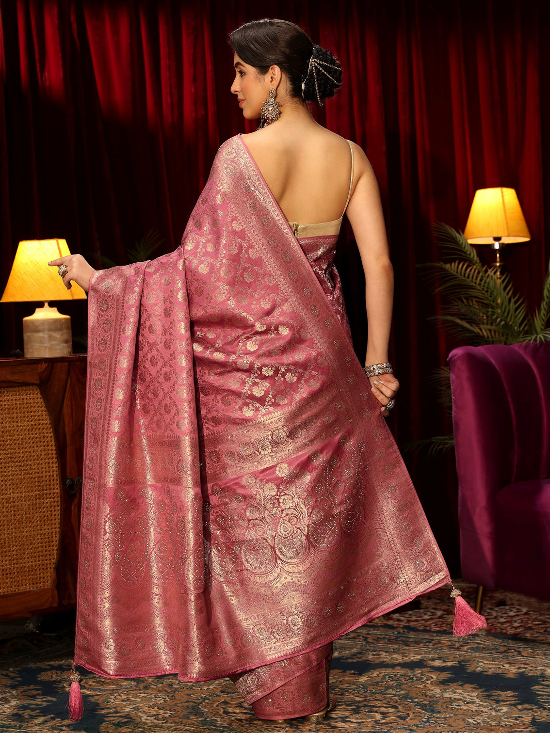Mameraa Peach Pink Embellished Floral Designs Brocade Saree