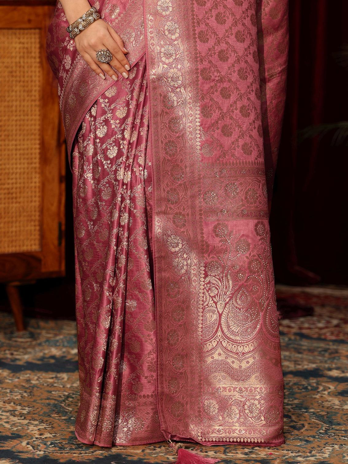 Mameraa Peach Pink Embellished Floral Designs Brocade Saree