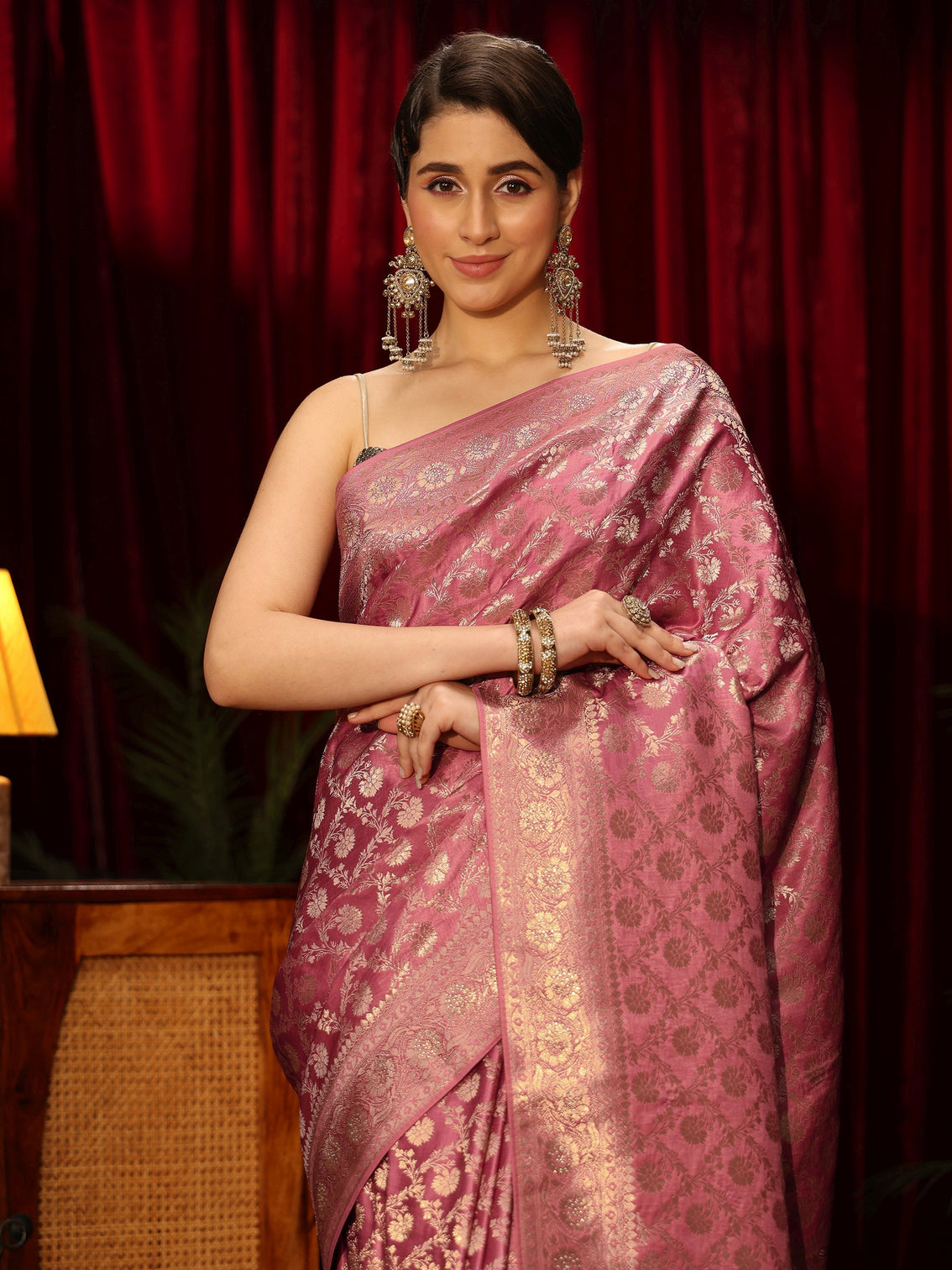 Mameraa Peach Pink Embellished Floral Designs Brocade Saree