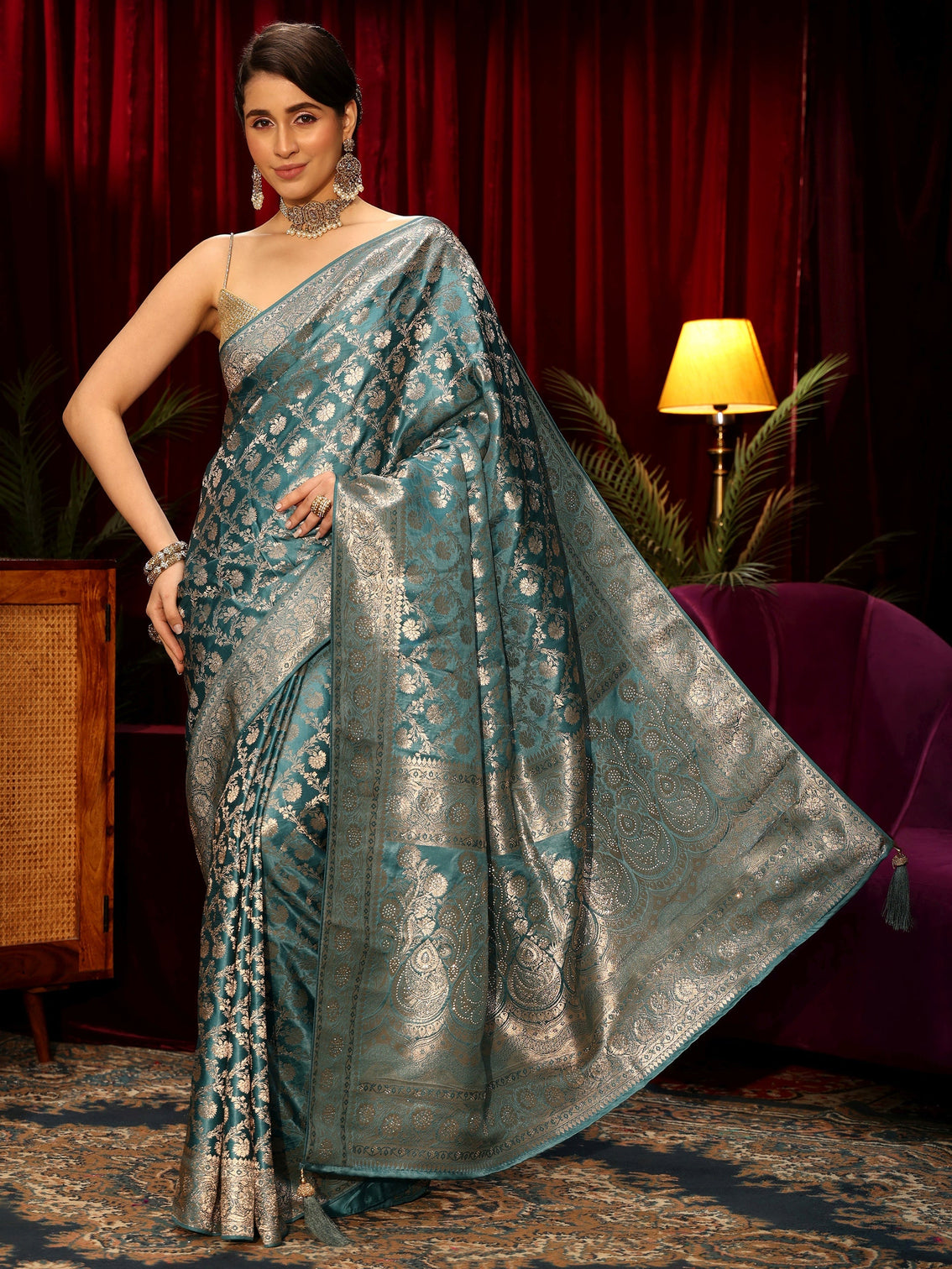 Mameraa Dusty Blue Embellished Floral Designs Brocade Saree
