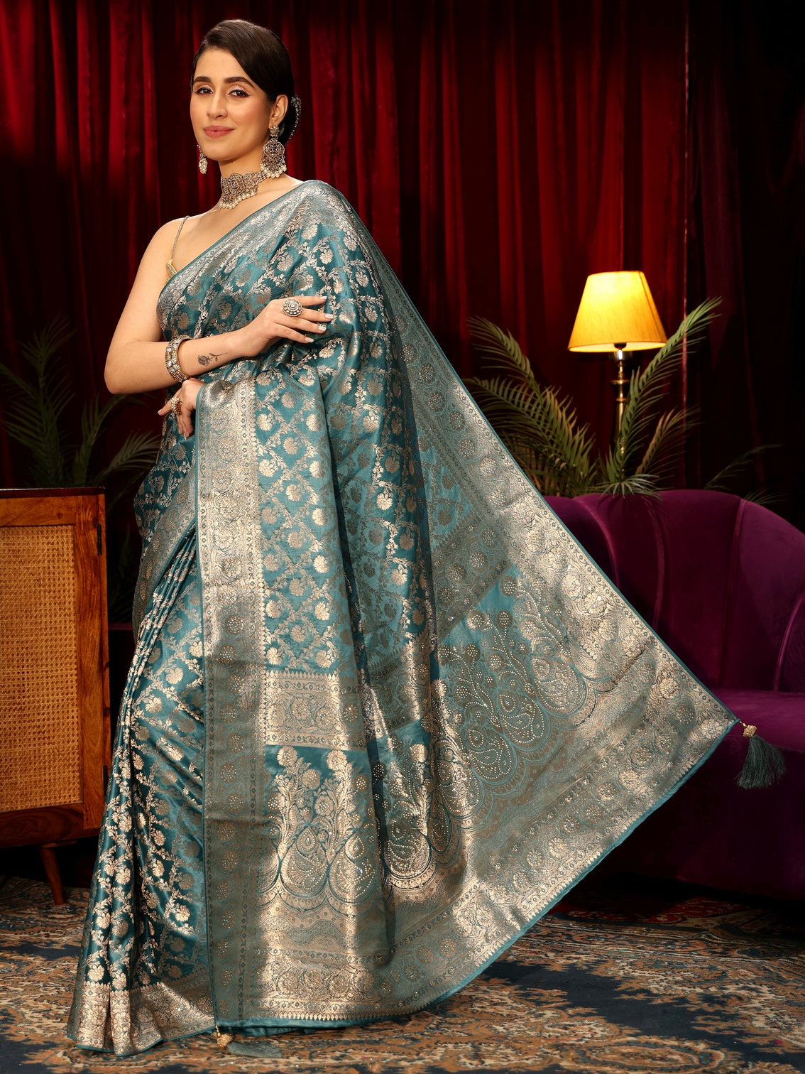 Mameraa Dusty Blue Embellished Floral Designs Brocade Saree