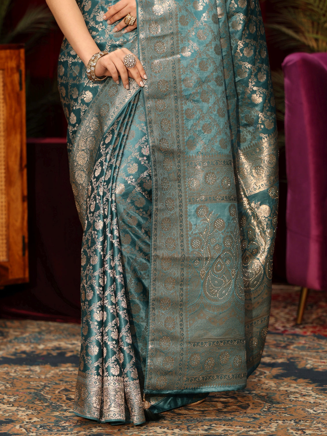 Mameraa Dusty Blue Embellished Floral Designs Brocade Saree