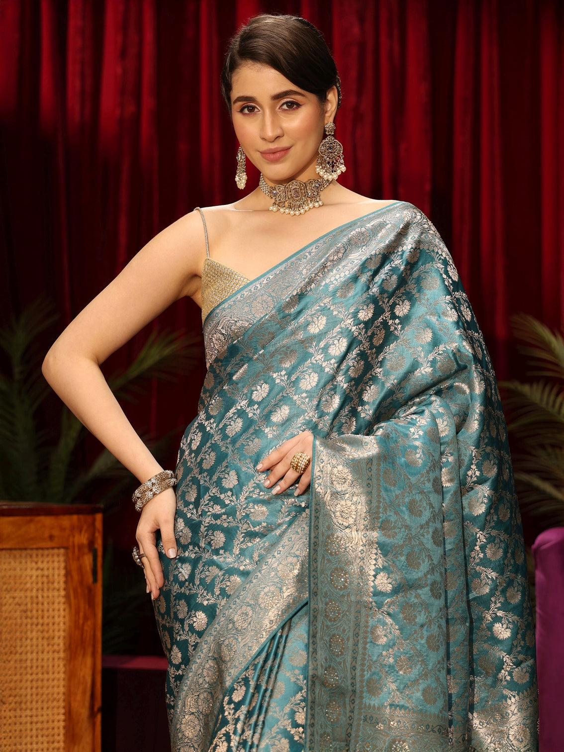 Mameraa Dusty Blue Embellished Floral Designs Brocade Saree