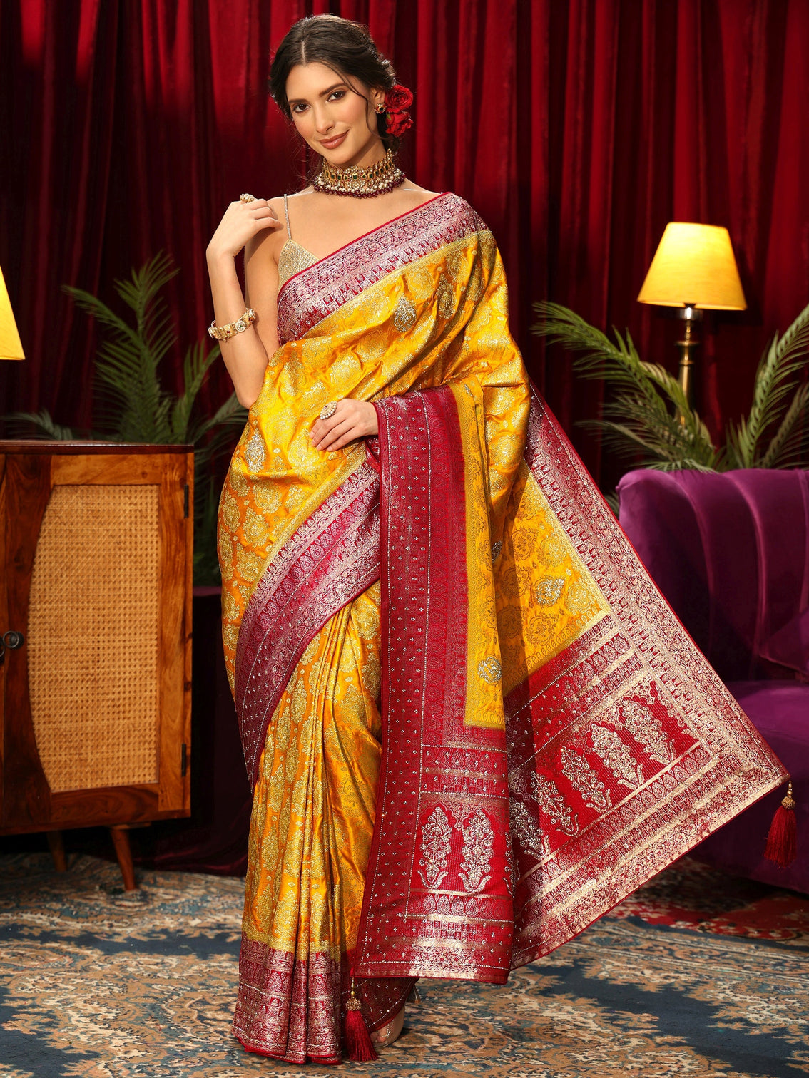 Mameraa Art Mustard Woven Design Silk Blend Saree with Stone Work