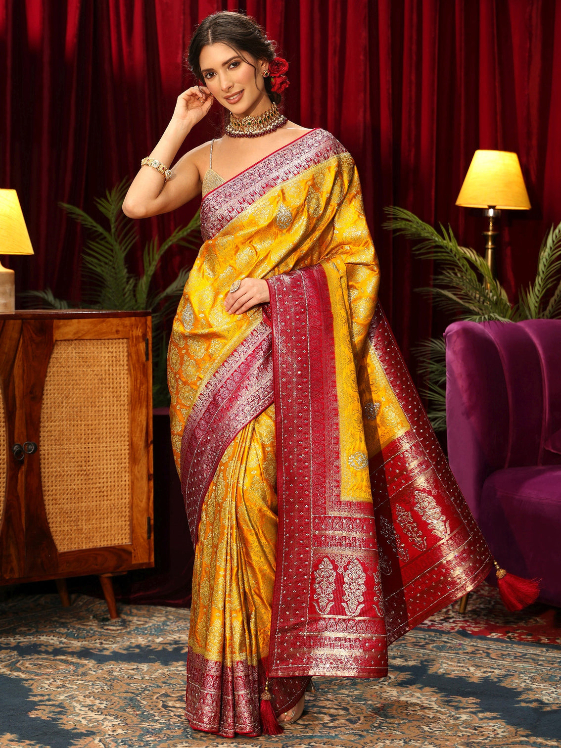 Mameraa Art Mustard Woven Design Silk Blend Saree with Stone Work