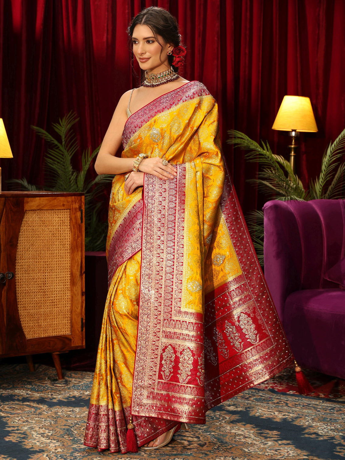 Mameraa Art Mustard Woven Design Silk Blend Saree with Stone Work