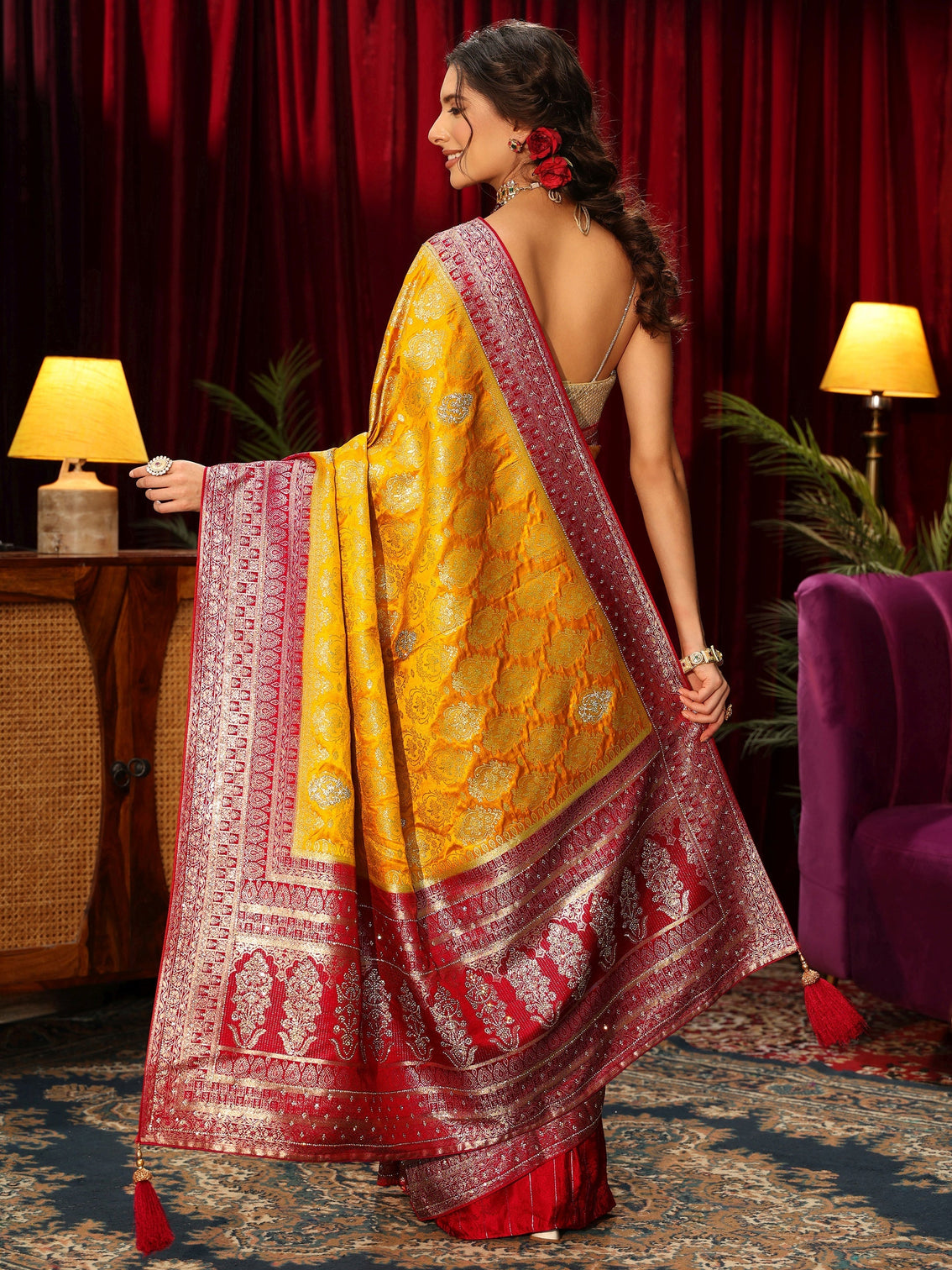 Mameraa Art Mustard Woven Design Silk Blend Saree with Stone Work