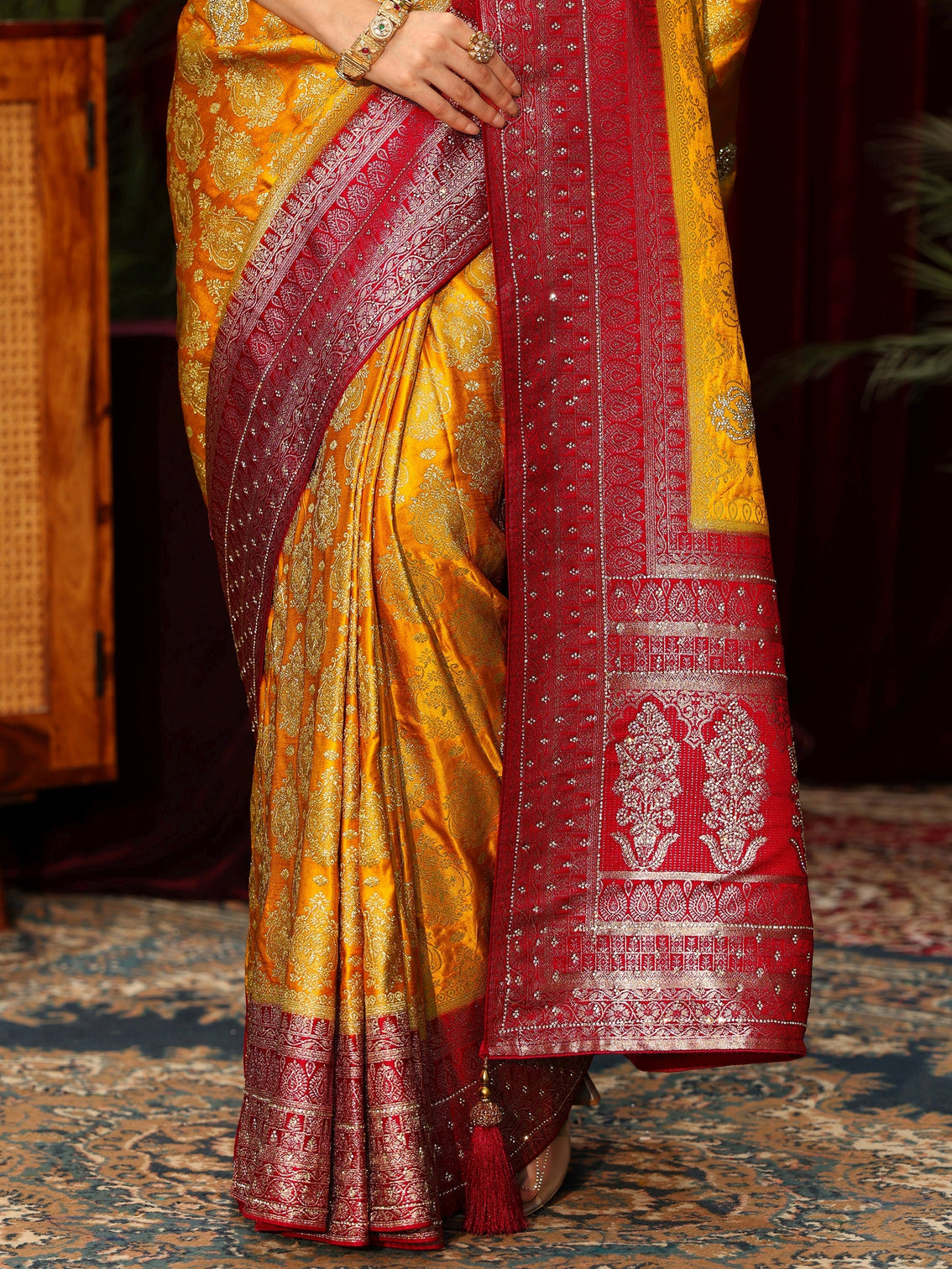 Mameraa Art Mustard Woven Design Silk Blend Saree with Stone Work